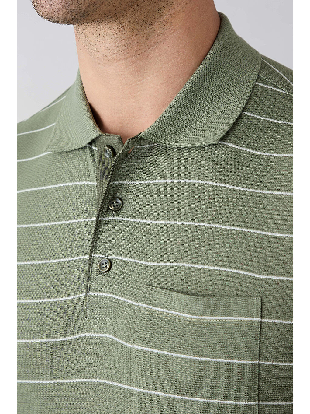 Yeşil Regular Fit Çizgili Cepli Düğmeli Polo Yaka Tişört-2