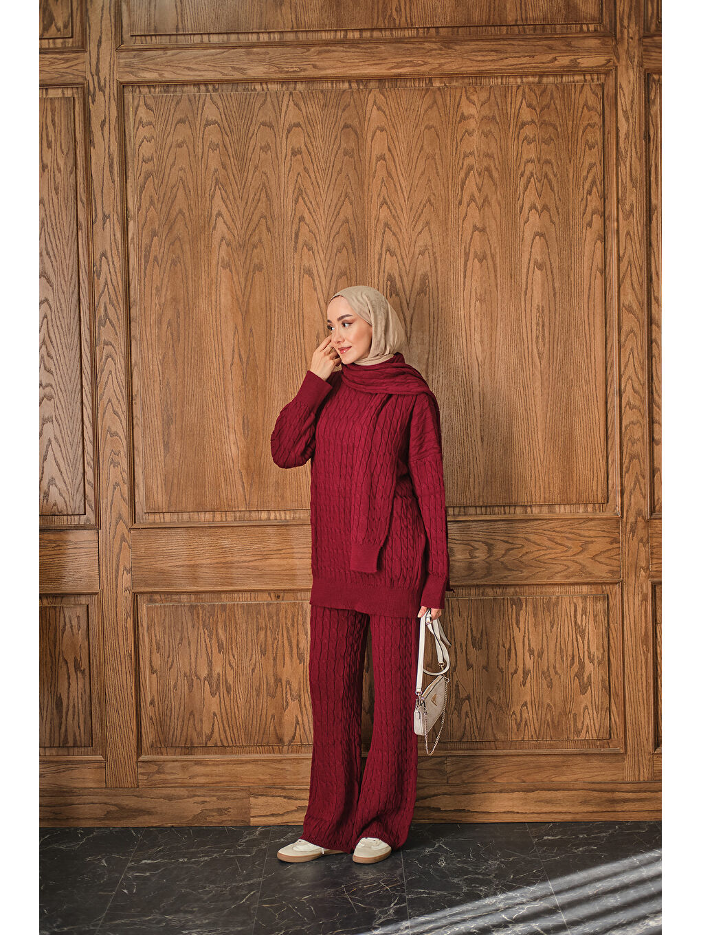 Kadın Atkı Detaylı Örgü Takım Bordo-2