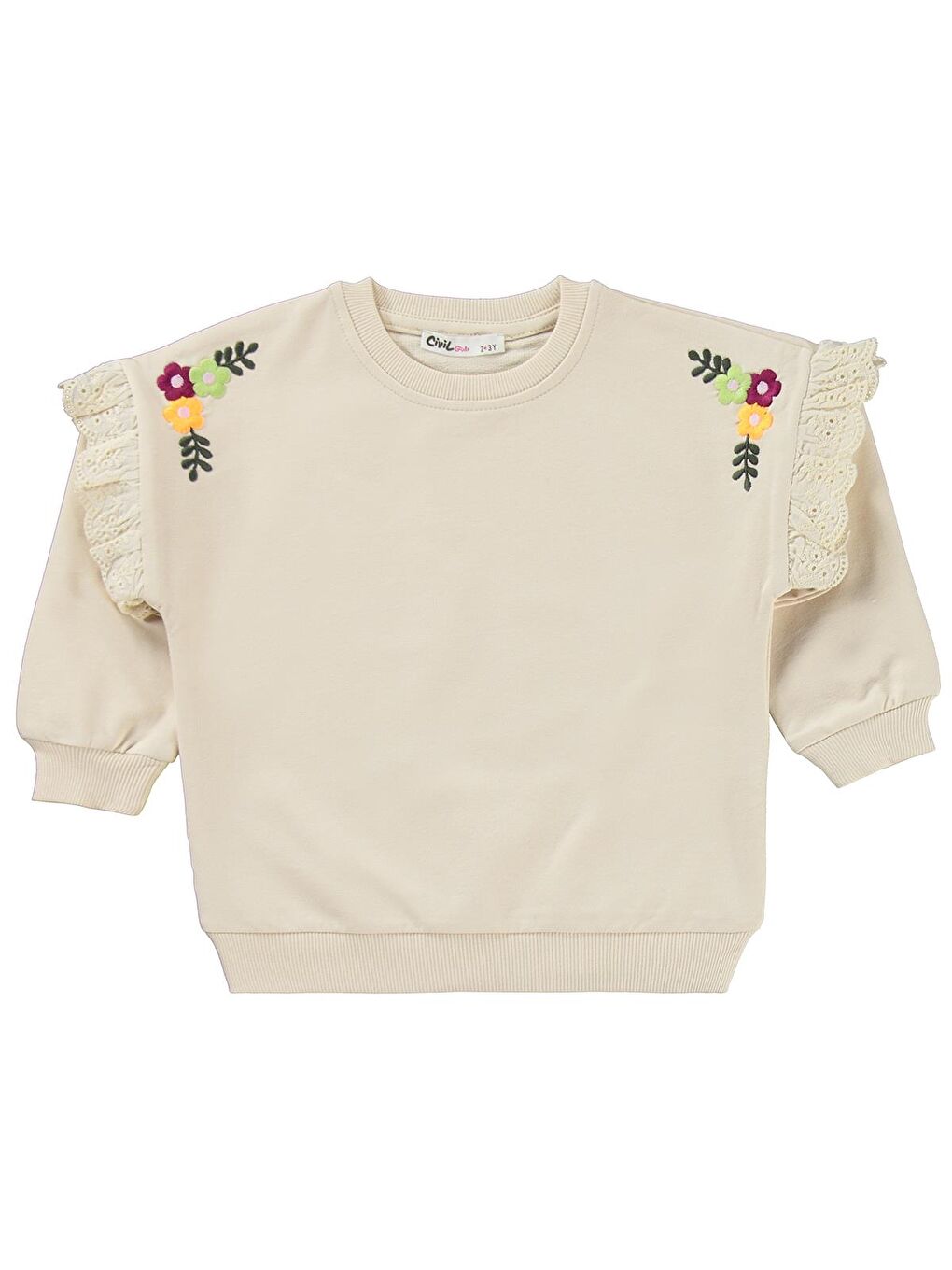 Girls Kol Fırfırlı Sarmaşık Nakışlı 2-5 Yaş Eşofman Takımı - Bej 2-3 Yaş-2