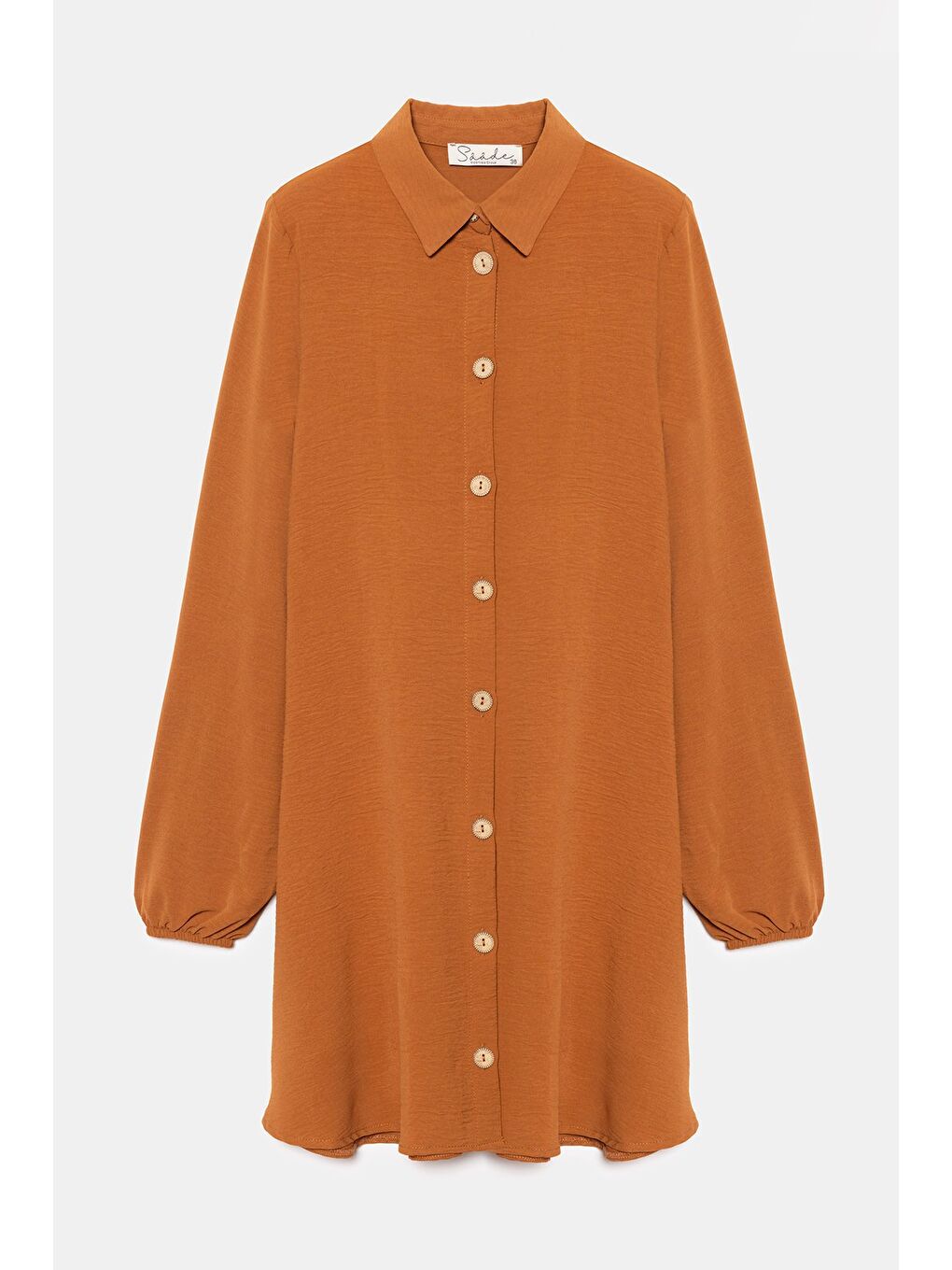 Kahverengi Açık Kahve Kadın Gömlek Yaka Ahşap Düğmeli Kolağzı Lastikli Aerobin Dokuma Tunik - Regular Fit