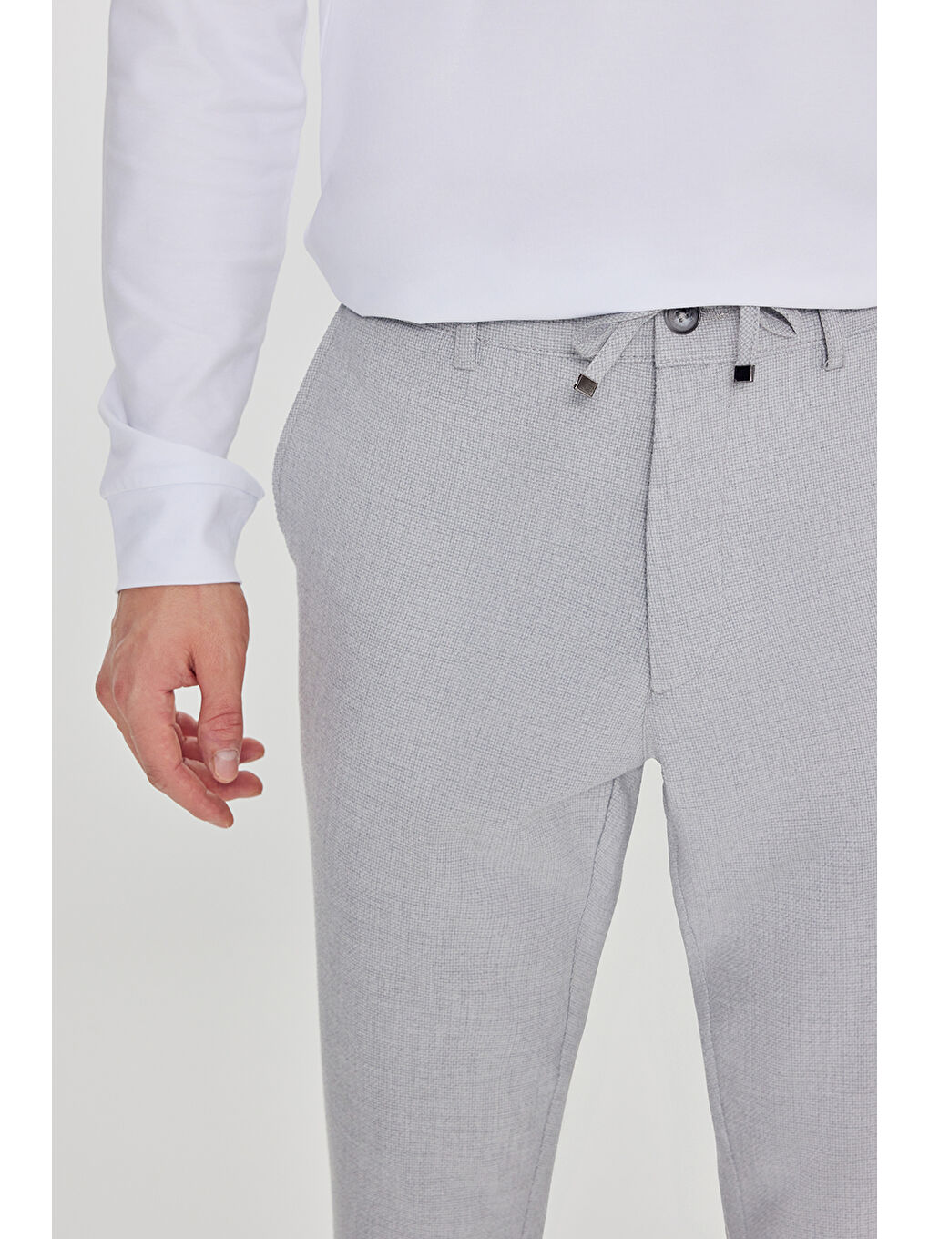 Erkek Gri Slim Fit Beli Bağlamalı Yan Cep Armürlü Casual Pantolon-3