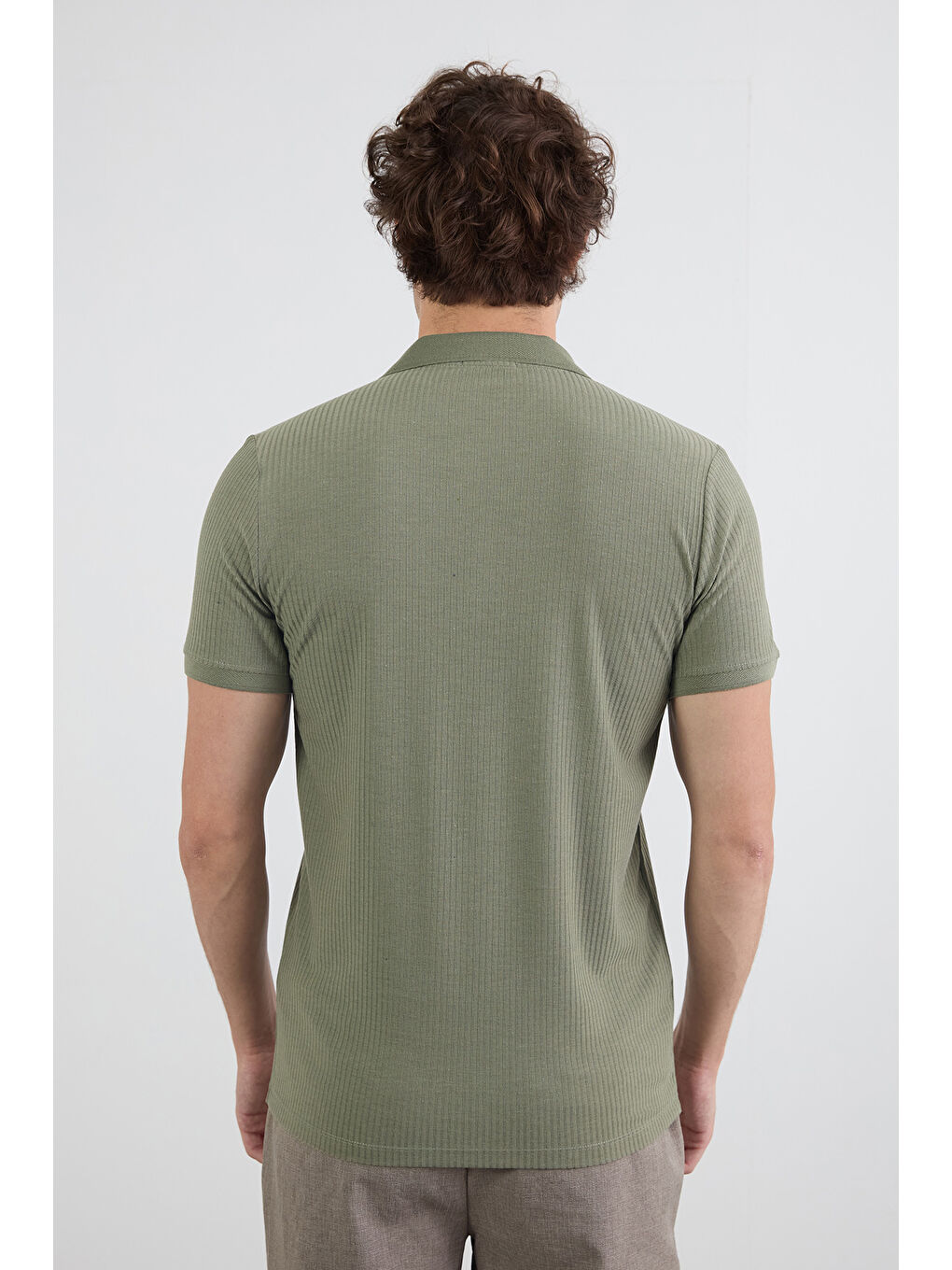 Haki Fitilli Düğmeli Polo Yaka Slim Fit Tişört-3