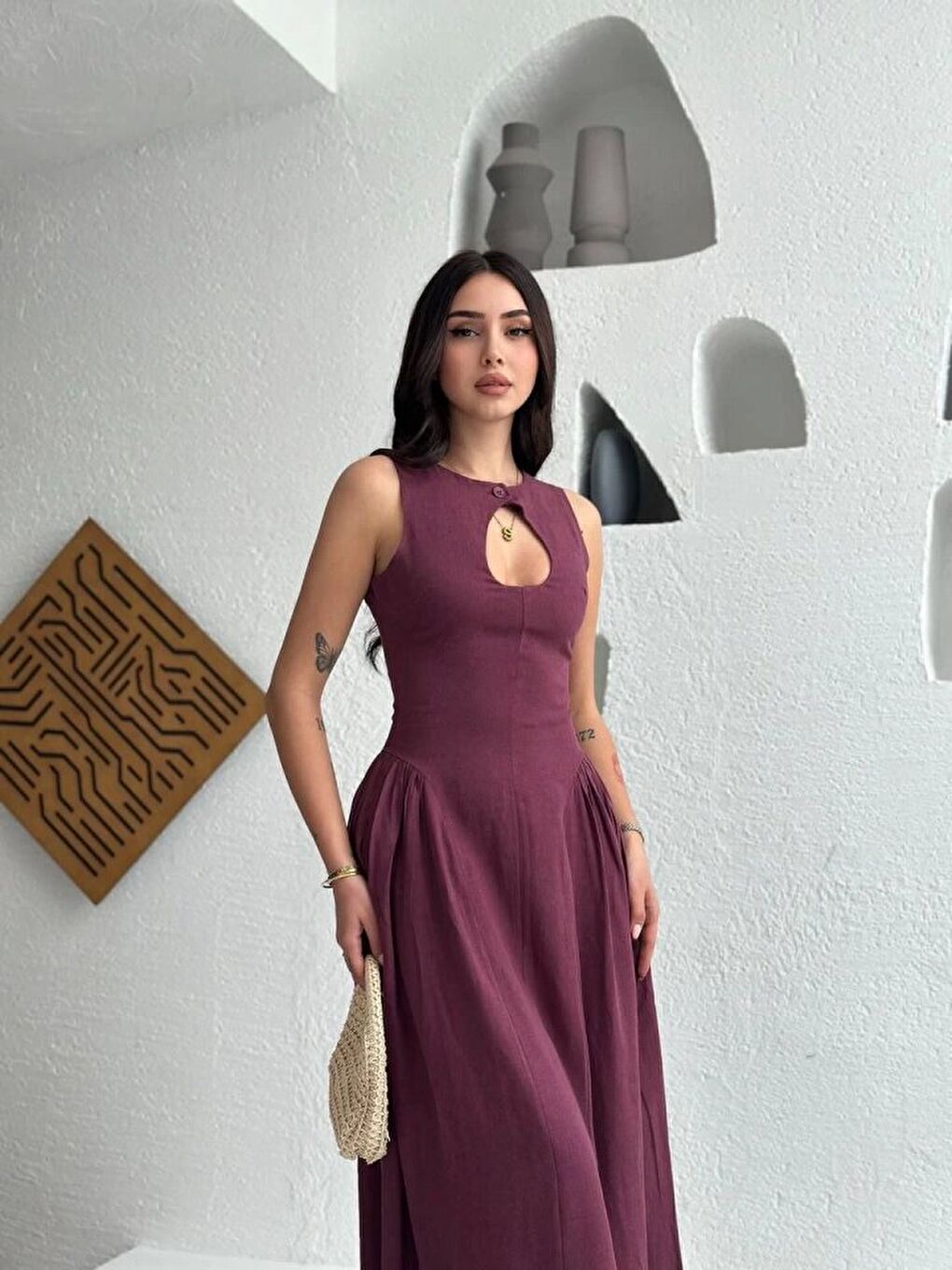 Kolsuz Uzun Kabardin Elbise - Bordo-2