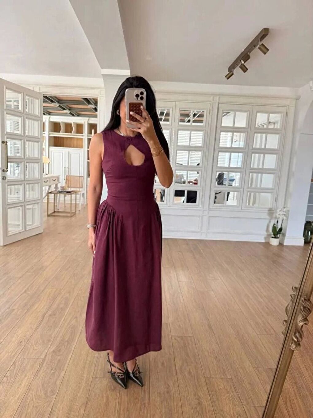 Kolsuz Uzun Kabardin Elbise - Bordo-3