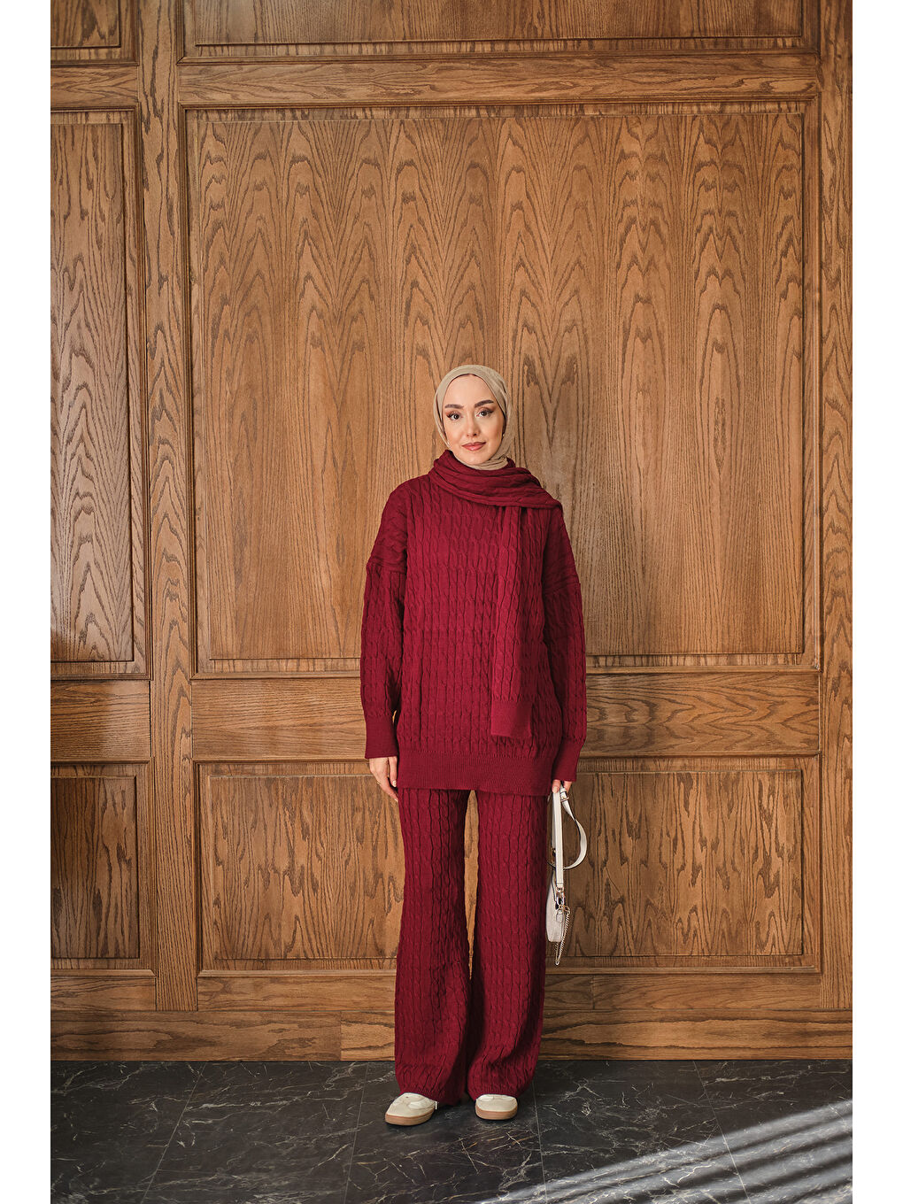 Kadın Atkı Detaylı Örgü Takım Bordo-3