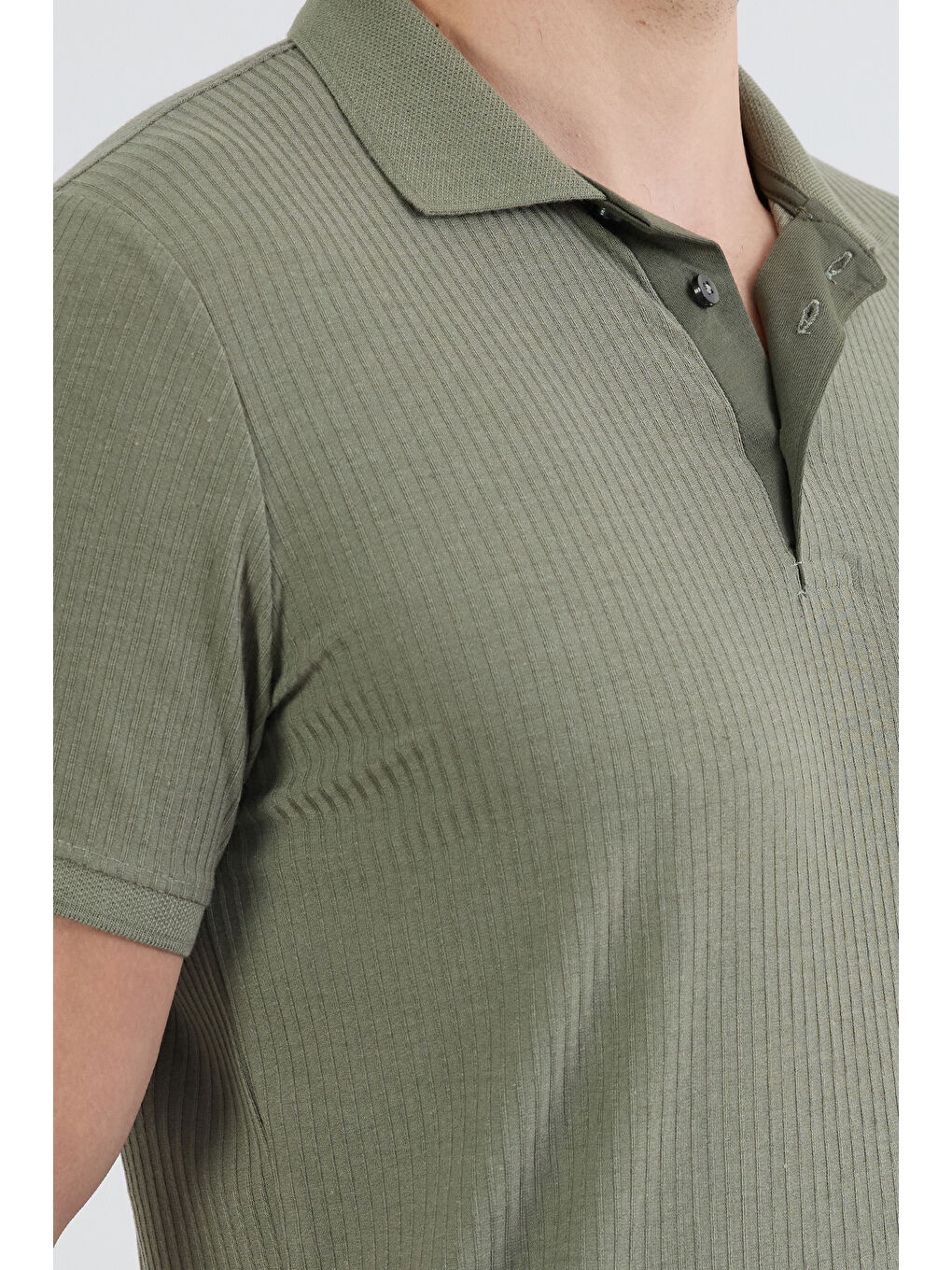 Haki Fitilli Düğmeli Polo Yaka Slim Fit Tişört-4