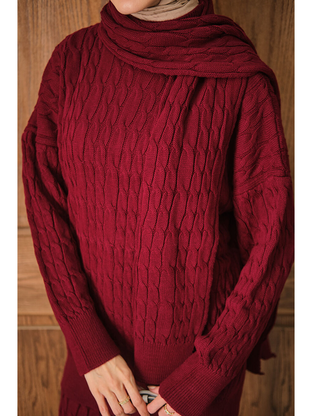 Kadın Atkı Detaylı Örgü Takım Bordo-4