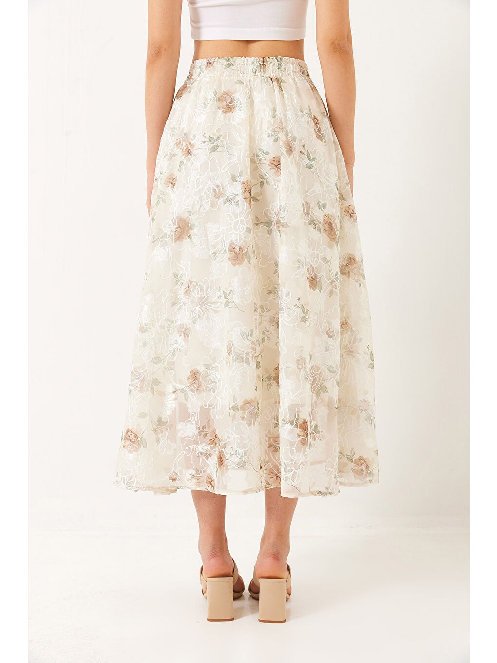 Ekru Kadın Beli Lastikli Çiçekli Nakışlı Tül Detaylı Astarlı Kloş Etek-5