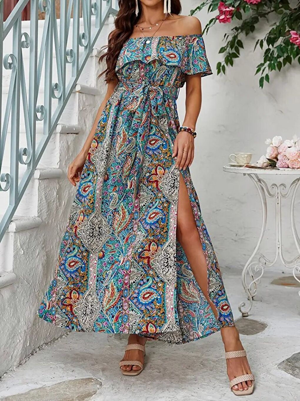 Mavi Kadın Kısa Kollu Madonna Yaka Fırfırlı Belden Yırtmaçlı Maksi Süprem Elbise-3