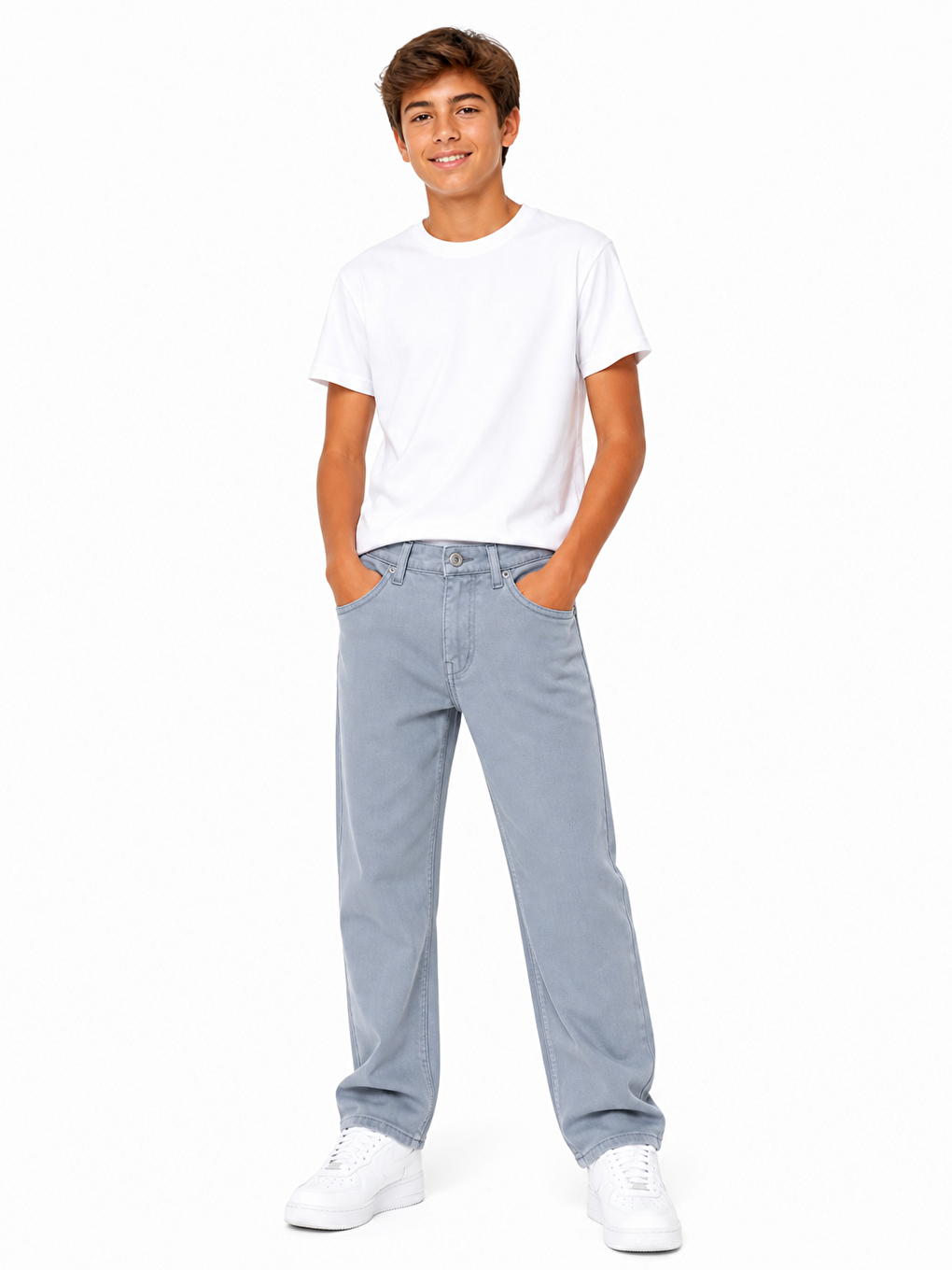 Gri kids beli ayarlanabilir lastikli keten pantolon