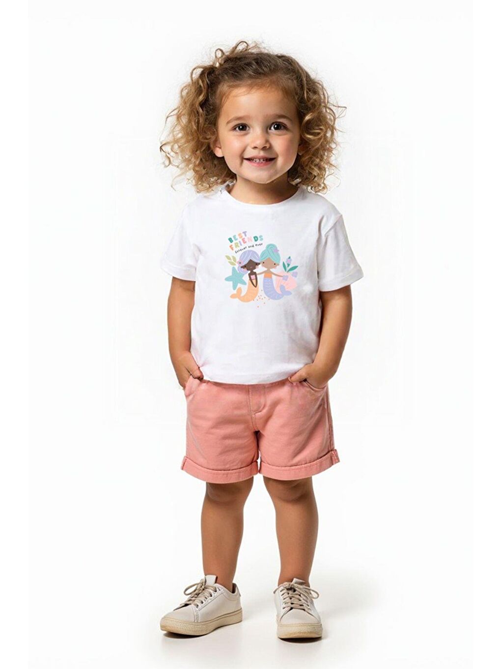 Ekru Kız Çocuk Pamuklu Bisiklet Yaka Deniz Kızı Baskılı T-Shirt