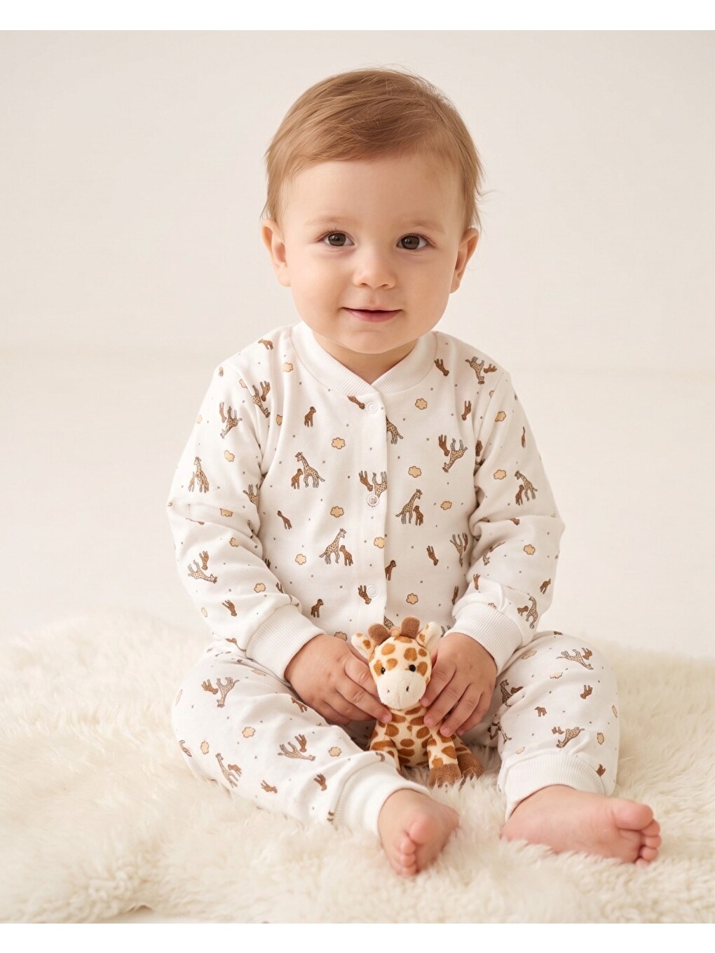 Ekru Zebra Baskılı Çıtçıtlı 6-9-12-18-24 Ay %100 Pamuk Pijama Takım