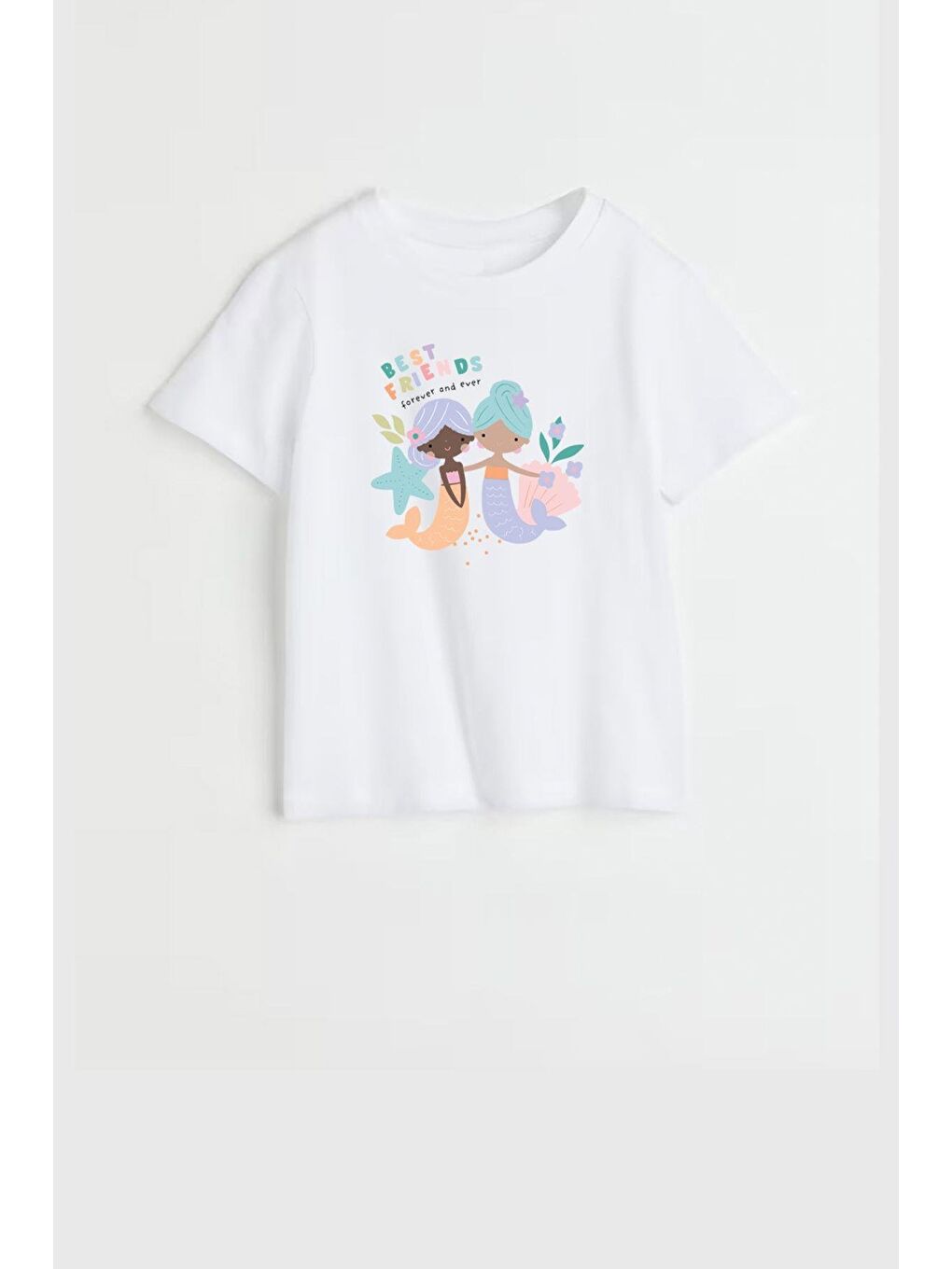 Ekru Kız Çocuk Pamuklu Bisiklet Yaka Deniz Kızı Baskılı T-Shirt-1