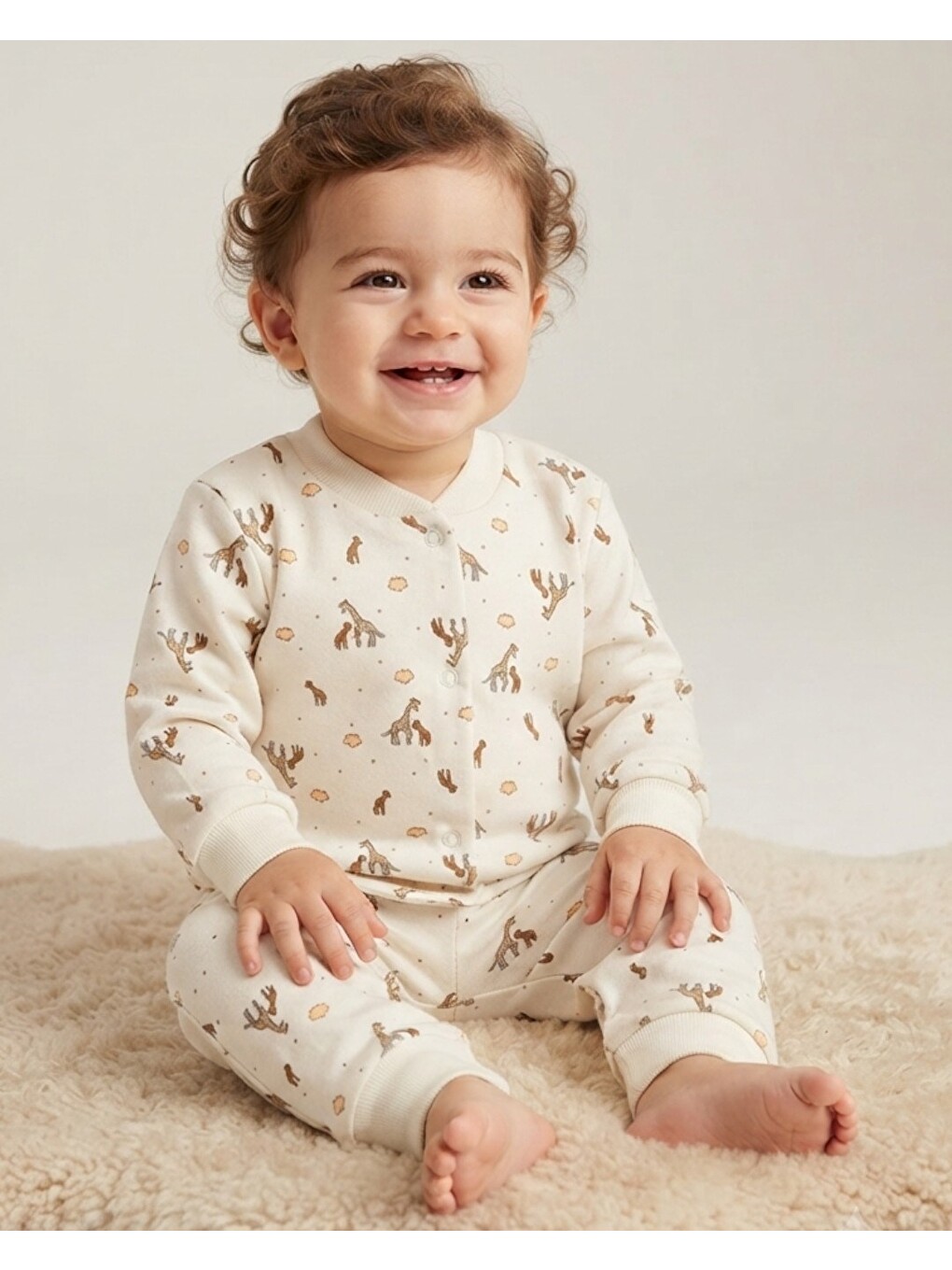 Ekru Zebra Baskılı Çıtçıtlı 6-9-12-18-24 Ay %100 Pamuk Pijama Takım-1