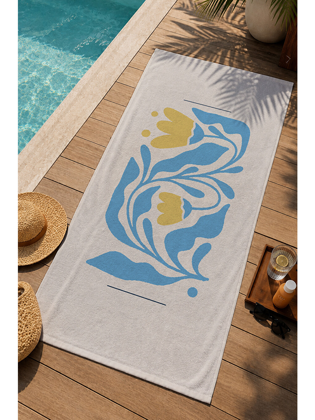 Mavi Sarı Modern Soyut Çiçek Desenli 70x150 Cm Dijital Baskılı Plaj Ve Banyo Havlusu-2