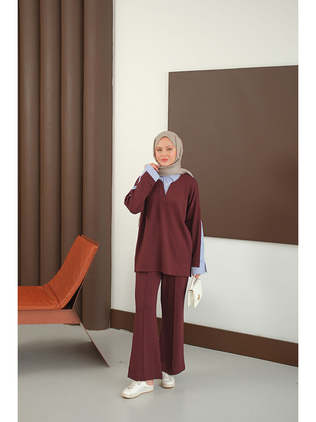 Kadın Gömlek Detay Takım Bordo-2