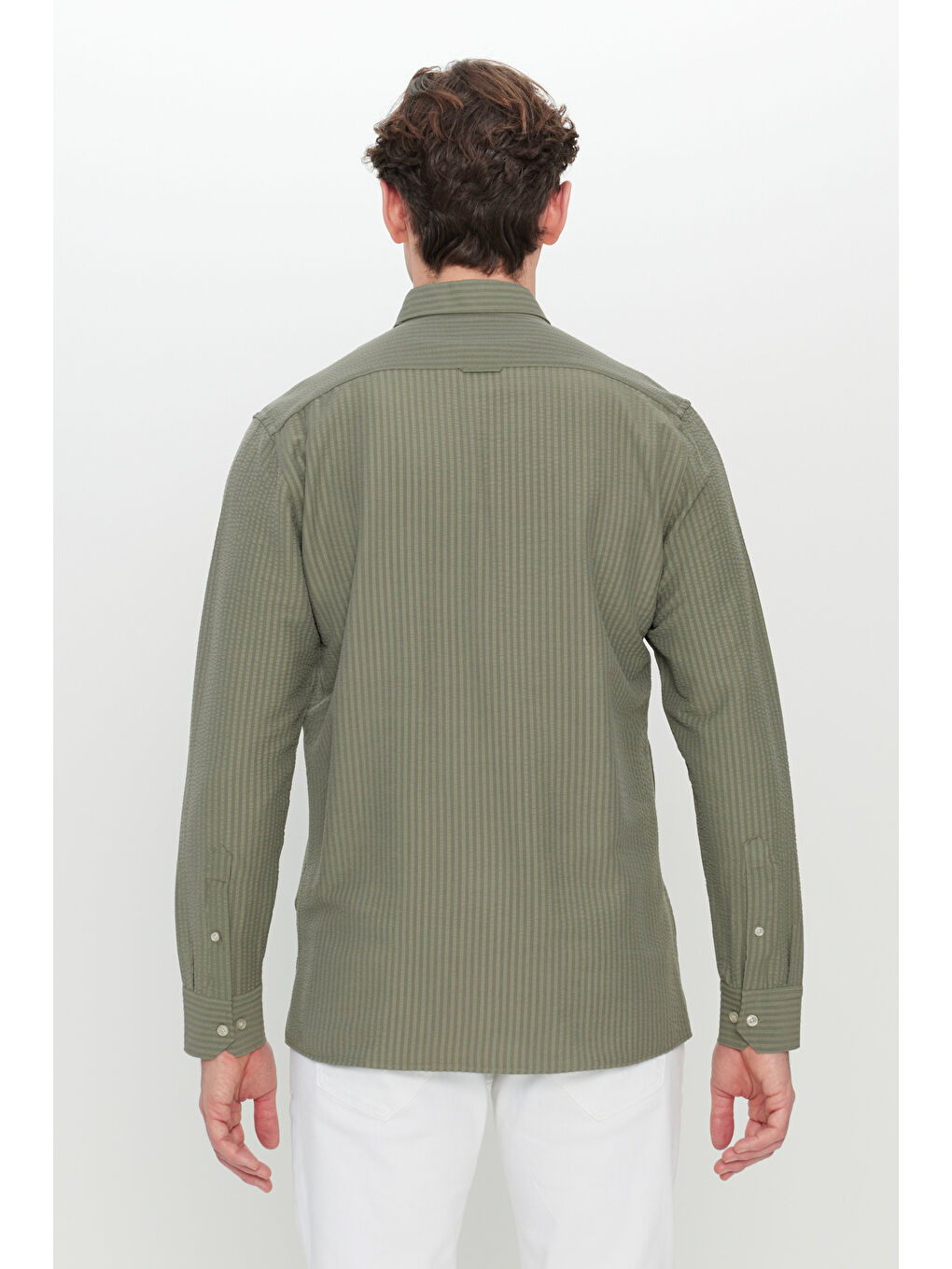 Erkek Haki Slim Fit Dar Kesim Düğmeli Yaka Armürlü Gofre Desenli Gömlek-4