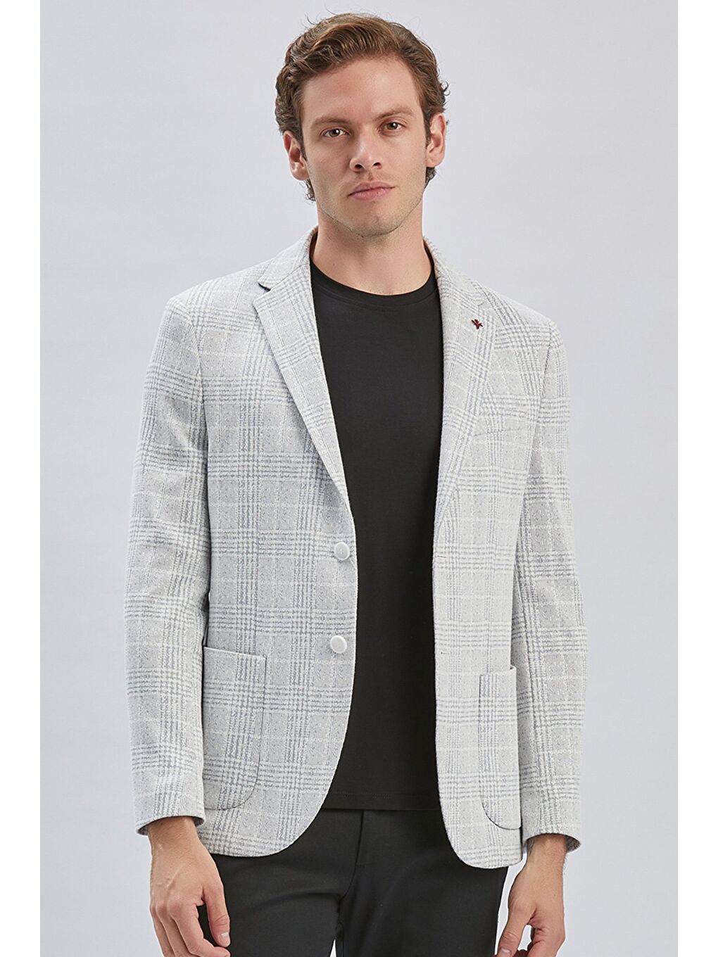 Gri Mono Yaka Ekose Desen 2 Düğmeli 6 Drop Slim Fit Ceket 1002240158