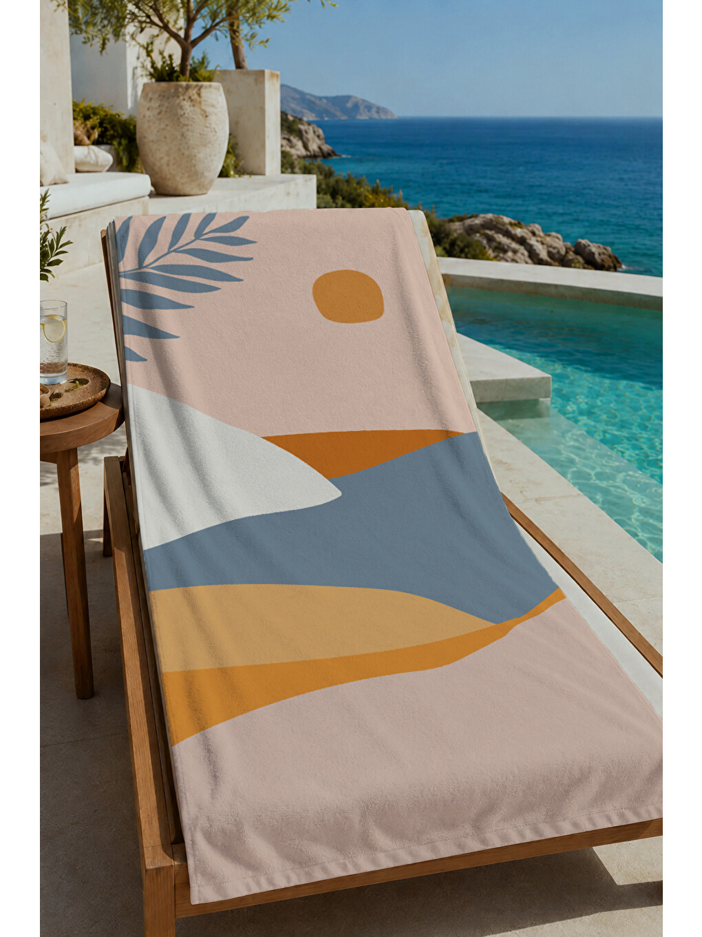 Bej Mavi Sarı Modern Soyut Yaprak Ve Geometrik 70x150 Cm Dijital Baskılı Plaj Ve Banyo Havlusu