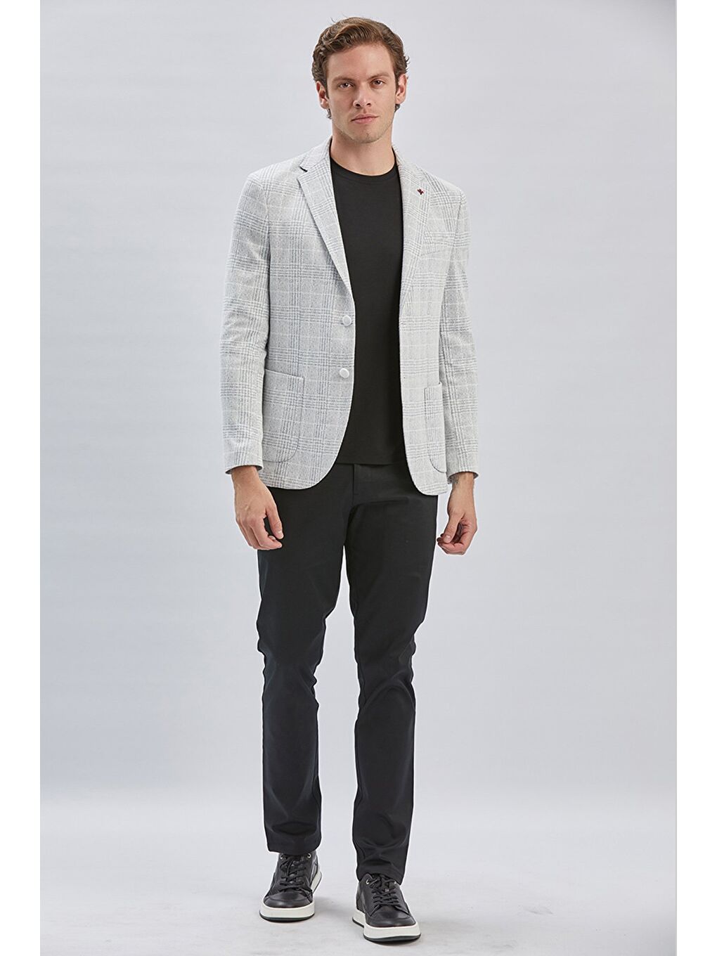Gri Mono Yaka Ekose Desen 2 Düğmeli 6 Drop Slim Fit Ceket 1002240158-1