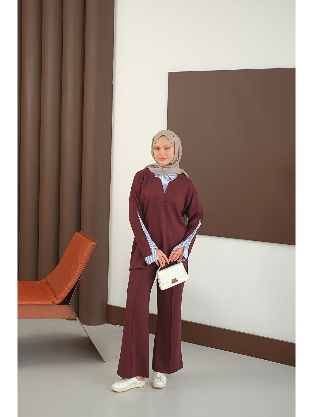 Kadın Gömlek Detay Takım Bordo-3