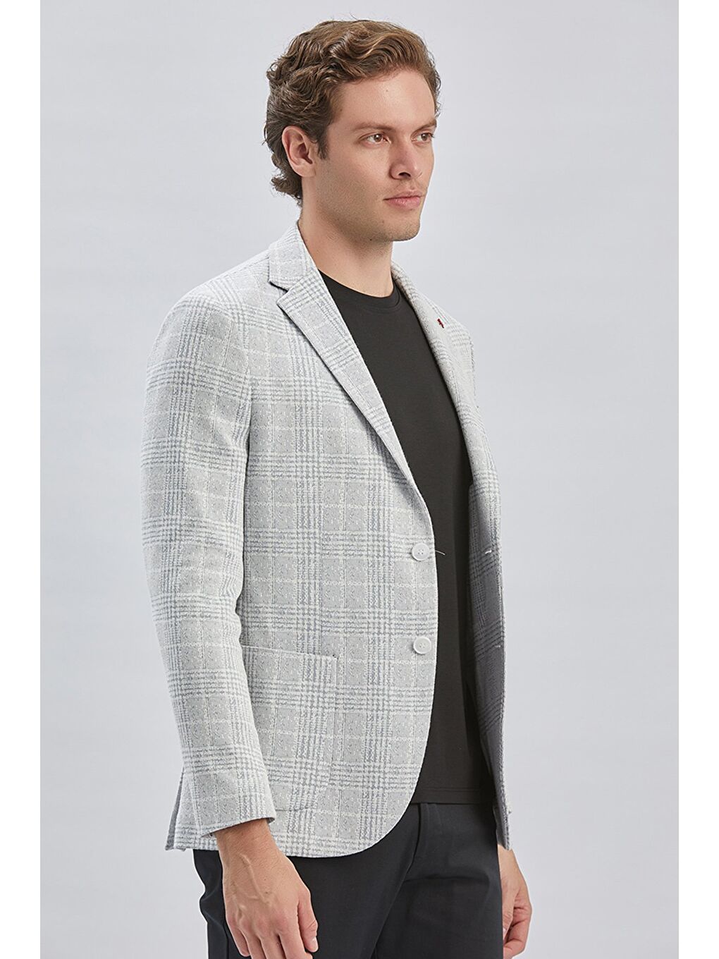 Gri Mono Yaka Ekose Desen 2 Düğmeli 6 Drop Slim Fit Ceket 1002240158-2