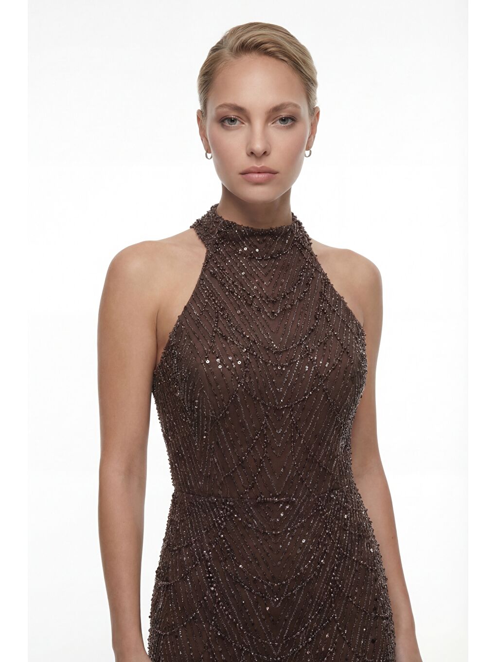 Kadın Kahverengi Dar Kalıp Halter Yaka Taşlı Uzun Balık Abiye Elbise-2