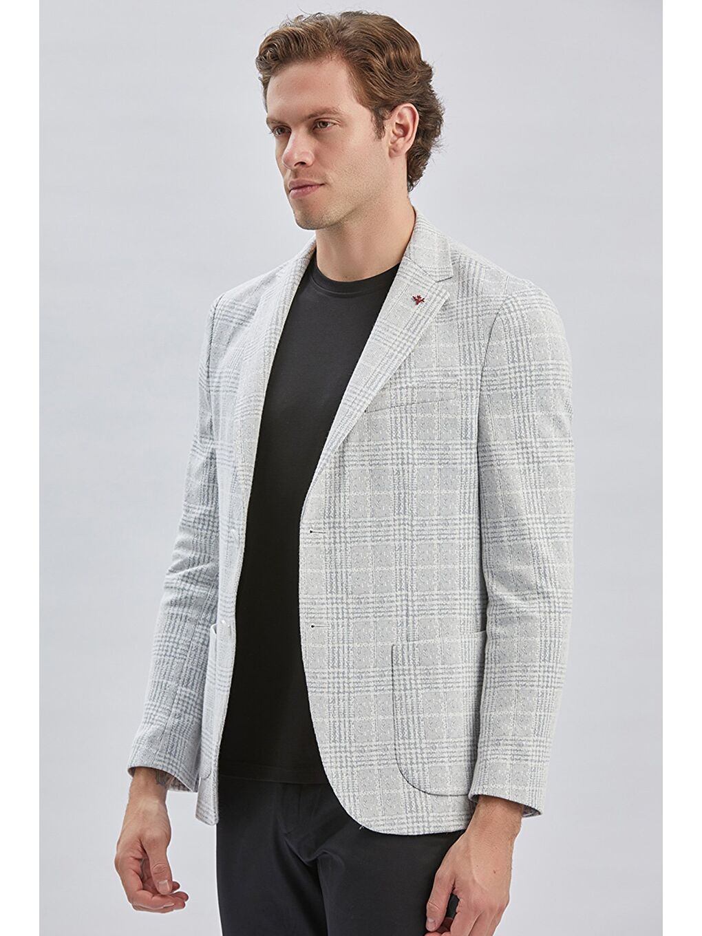 Gri Mono Yaka Ekose Desen 2 Düğmeli 6 Drop Slim Fit Ceket 1002240158-3