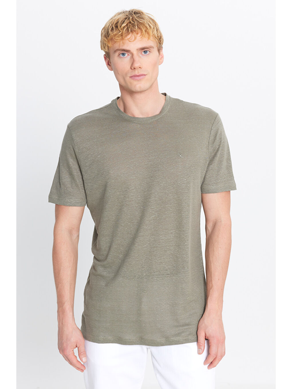 Erkek Haki %100 Keten Slim Fit Dar Kesim Bisiklet Yaka Tişört