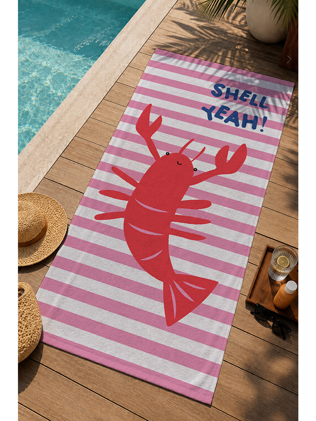 Pembe Beyaz Çizgili Istakoz Shell Yeah Yazılı 70x150 Cm Dijital Baskılı Plaj Ve Banyo Havlusu-2