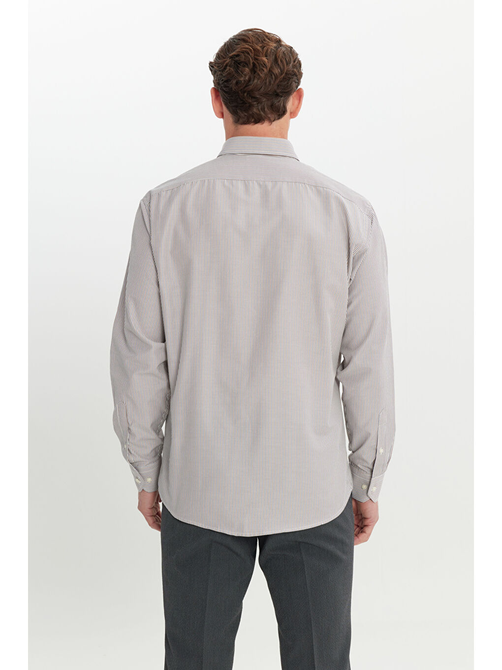 Erkek Bej Pamuklu Comfort Fit Rahat Kesim Düğmeli Yaka Çizgili Gömlek-4