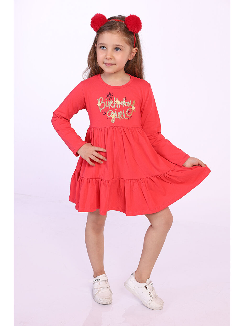 Kırmızı Kız Çocuk Birthday Girl Baskılı Elbise-2