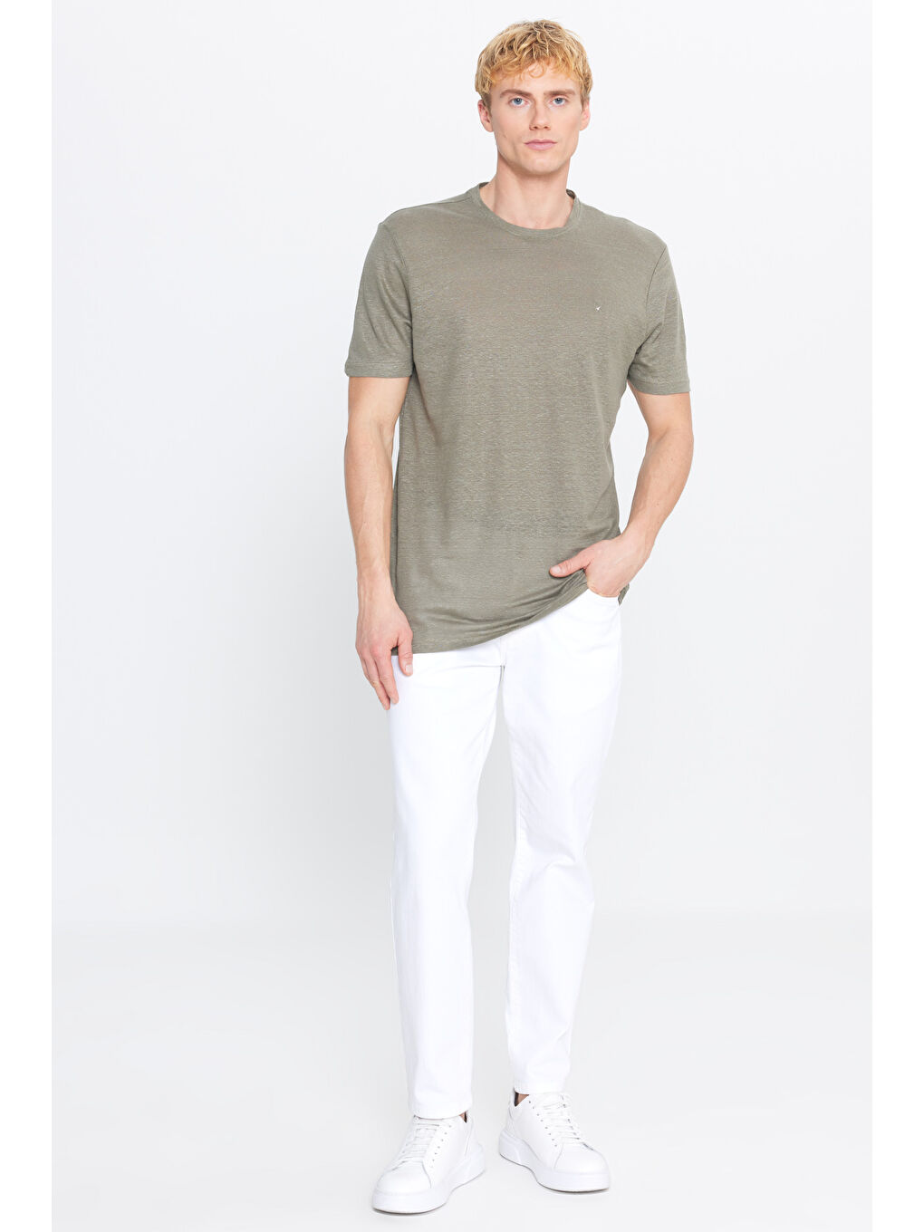 Erkek Haki %100 Keten Slim Fit Dar Kesim Bisiklet Yaka Tişört-1