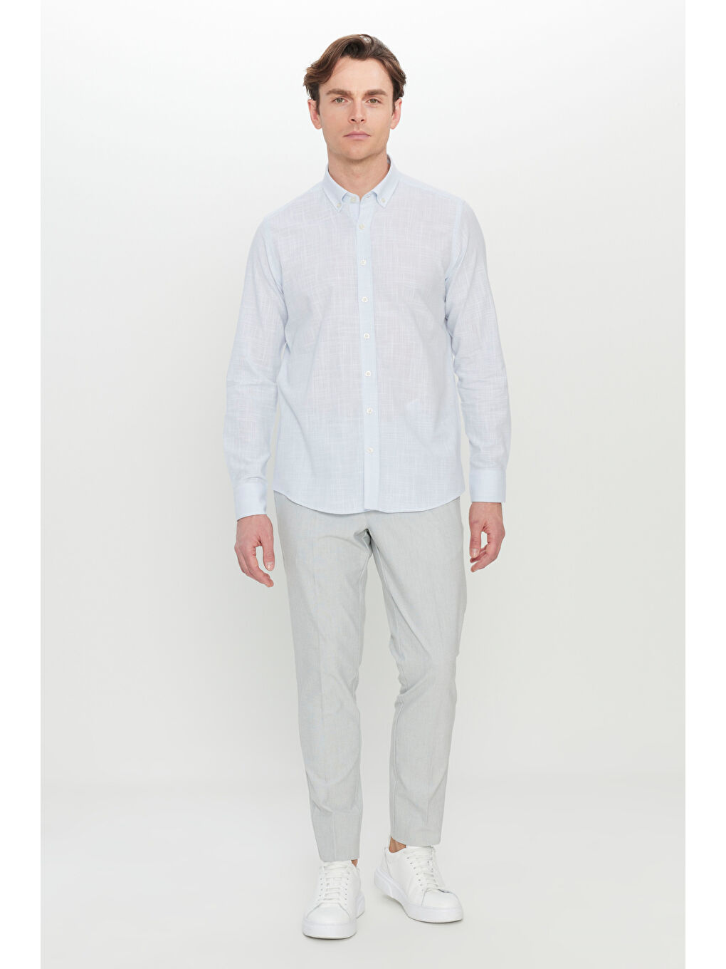 Erkek Mavi %100 Pamuk Slim Fit Düğmeli Yaka Armürlü Flamlı Gömlek-1