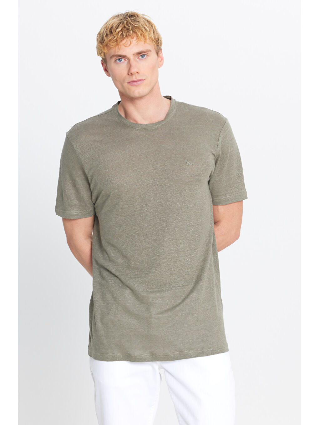 Erkek Haki %100 Keten Slim Fit Dar Kesim Bisiklet Yaka Tişört-2