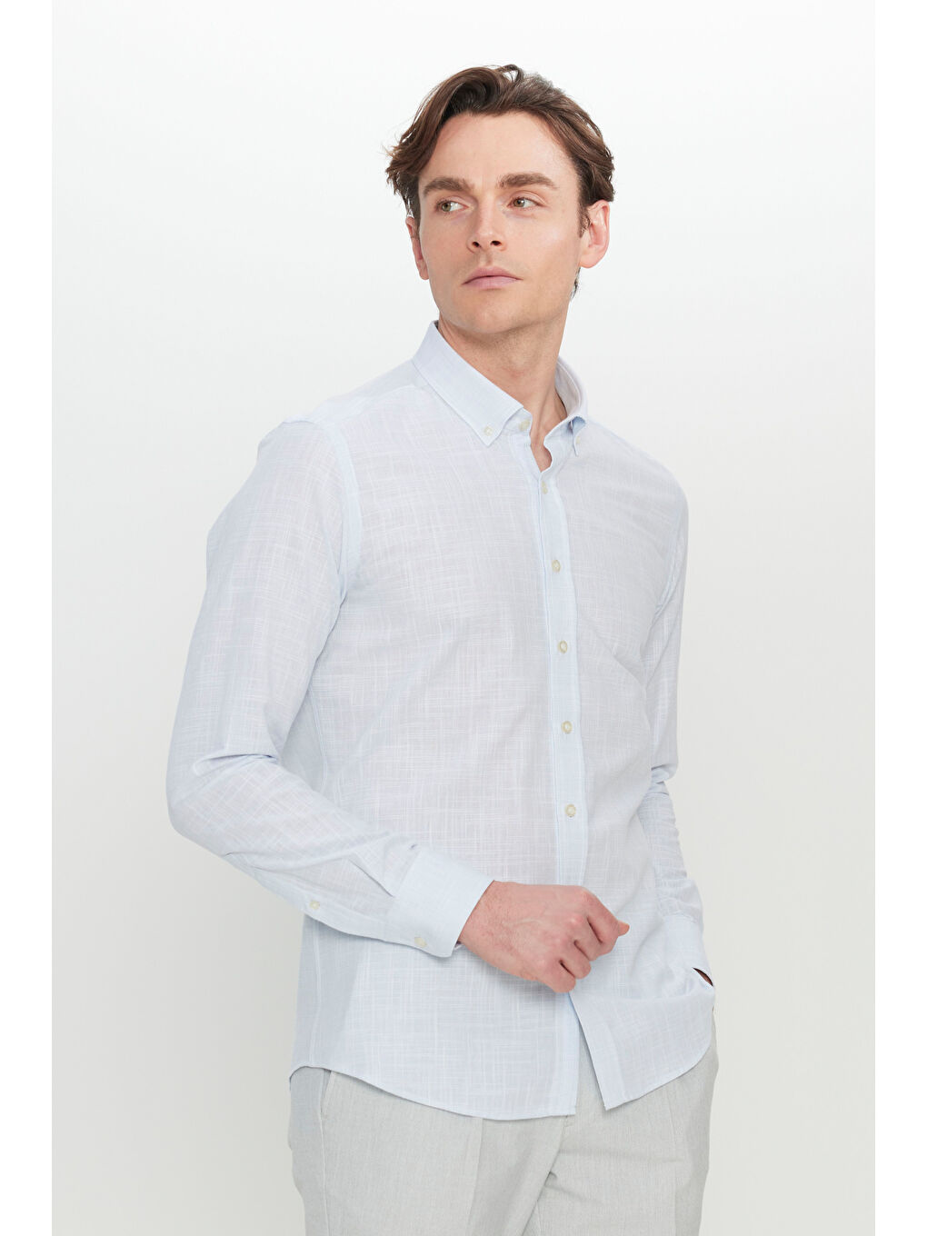 Erkek Mavi %100 Pamuk Slim Fit Düğmeli Yaka Armürlü Flamlı Gömlek-2