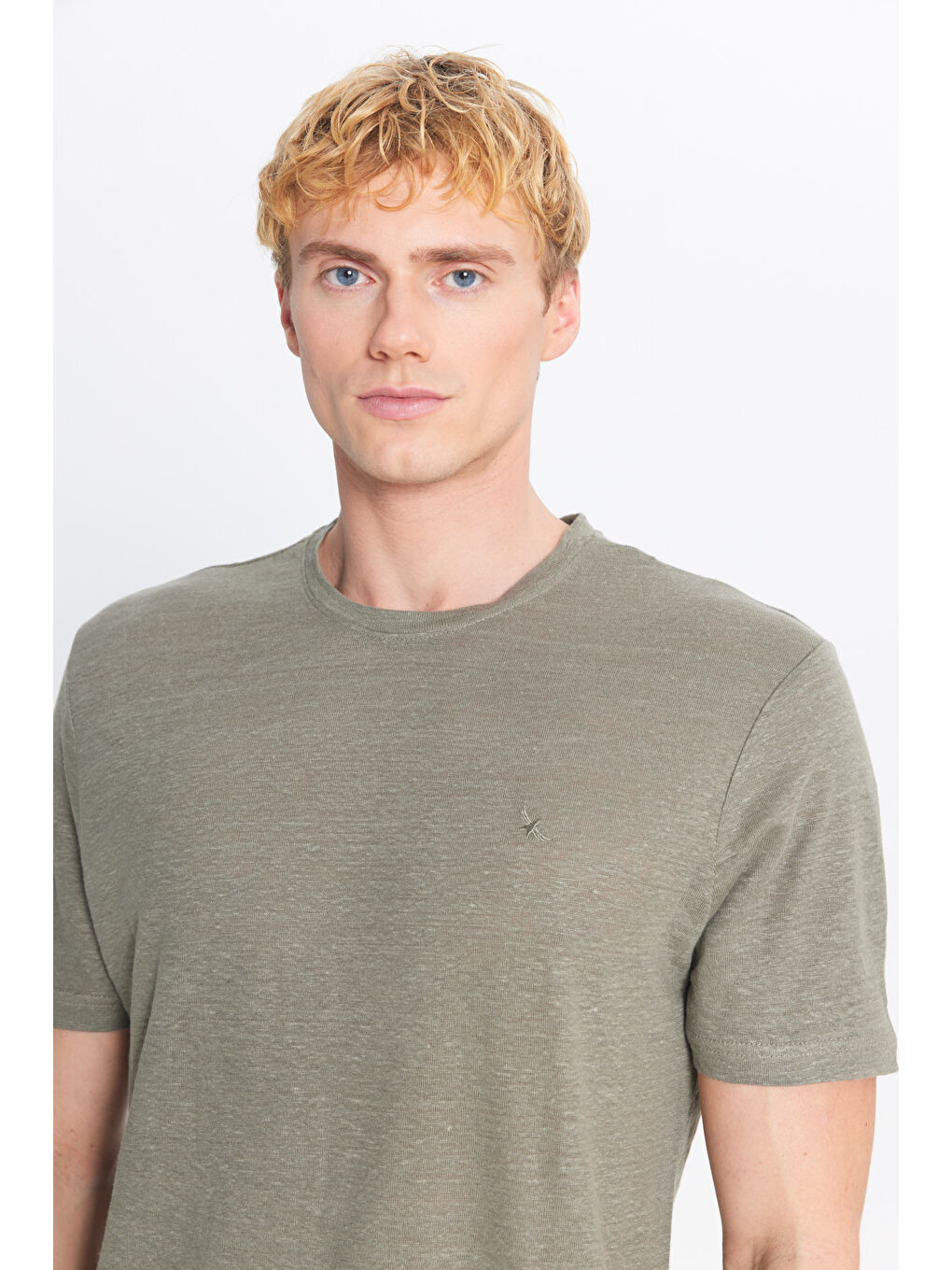 Erkek Haki %100 Keten Slim Fit Dar Kesim Bisiklet Yaka Tişört-3