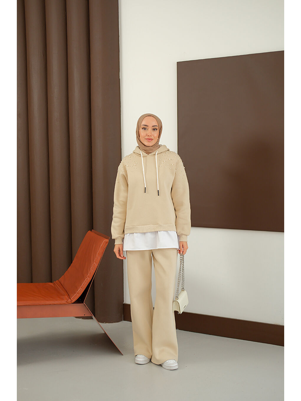 Ekru Kadın Omuzları Boncuk Detay İkili Takım Krem-2