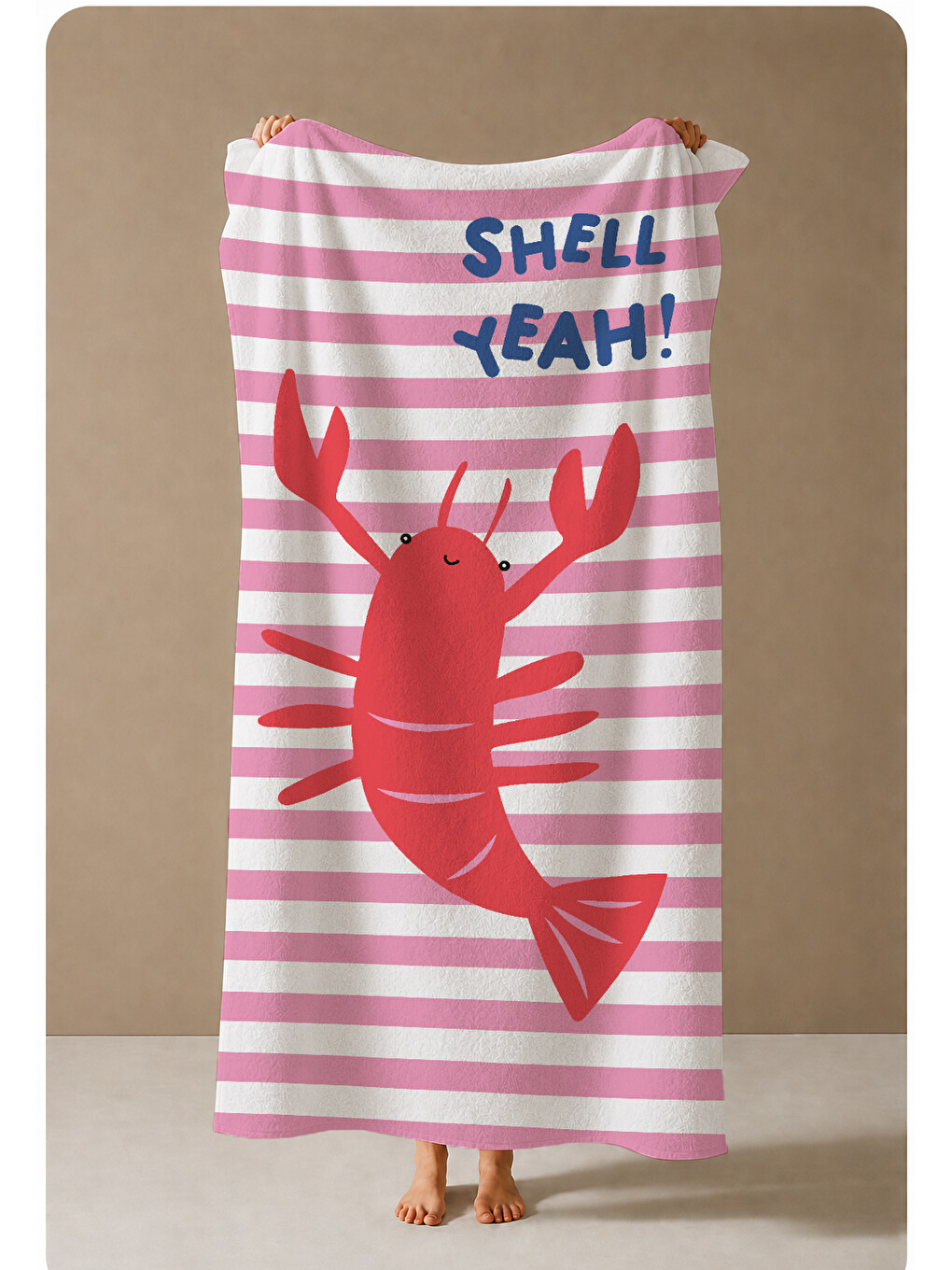 Pembe Beyaz Çizgili Istakoz Shell Yeah Yazılı 70x150 Cm Dijital Baskılı Plaj Ve Banyo Havlusu-3
