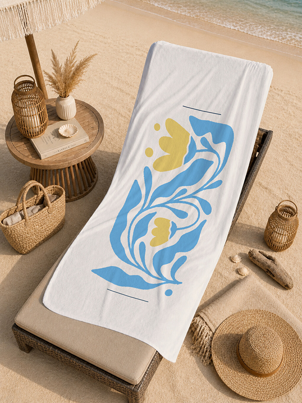 Mavi Sarı Modern Soyut Çiçek Desenli 70x150 Cm Dijital Baskılı Plaj Ve Banyo Havlusu-4