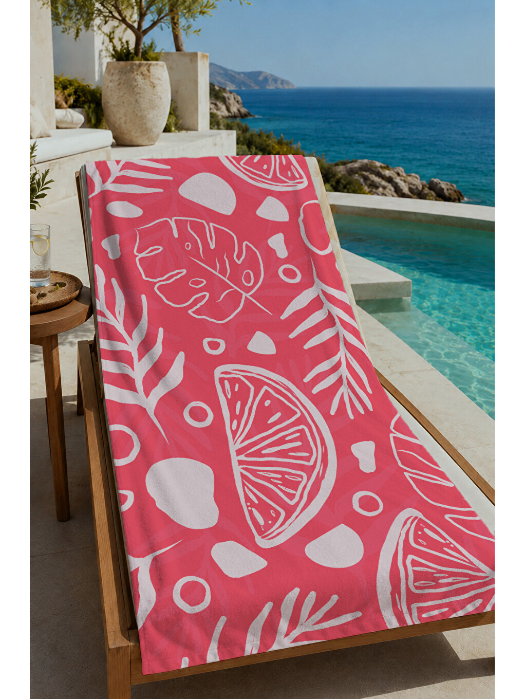 Mercan Kırmızısı Deniz Ürünleri Çizim Desenli 70x150 Cm Dijital Baskılı Plaj Ve Banyo Havlusu