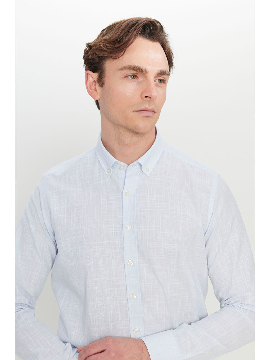 Erkek Mavi %100 Pamuk Slim Fit Düğmeli Yaka Armürlü Flamlı Gömlek-3
