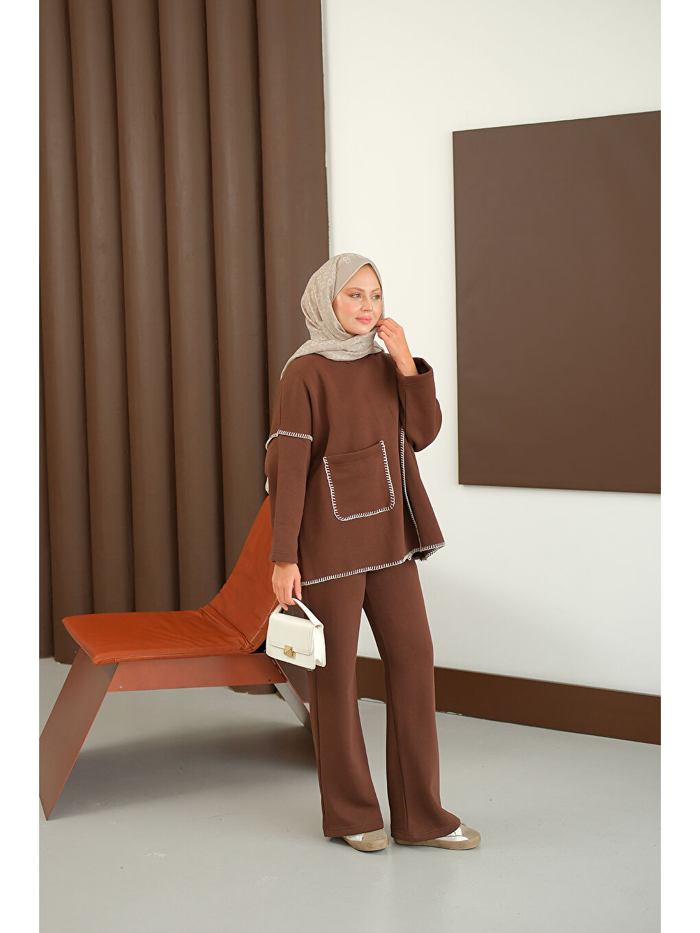 Kadın Dikiş Detay Cepli Takım Kahverengi