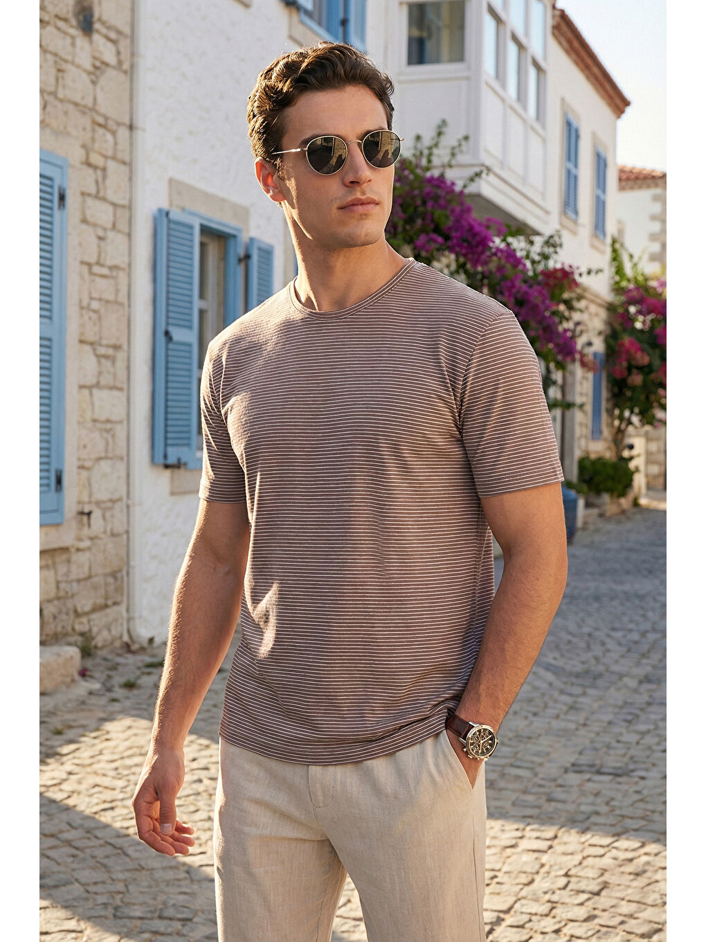 Kahverengi Pamuklu Regular Fit Çizgili Bisiklet Yaka T Shirt 5904030