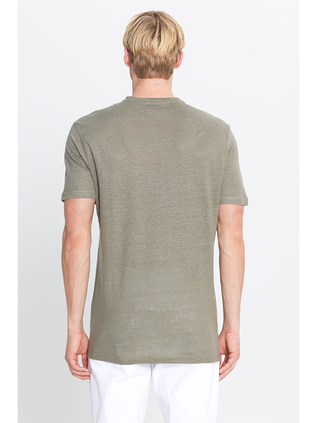 Erkek Haki %100 Keten Slim Fit Dar Kesim Bisiklet Yaka Tişört-4