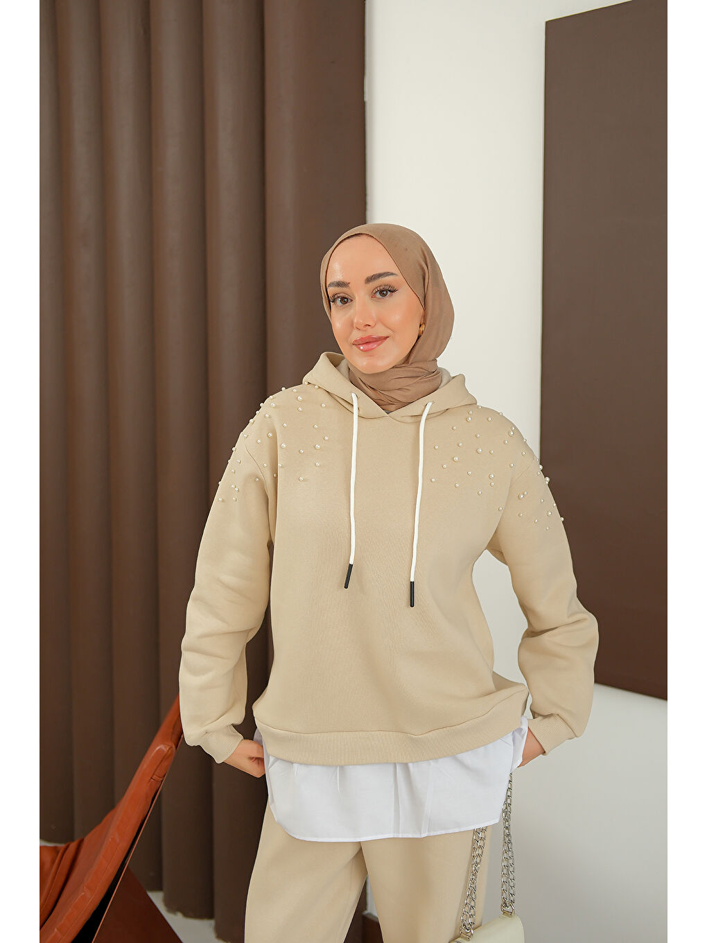 Ekru Kadın Omuzları Boncuk Detay İkili Takım Krem-3