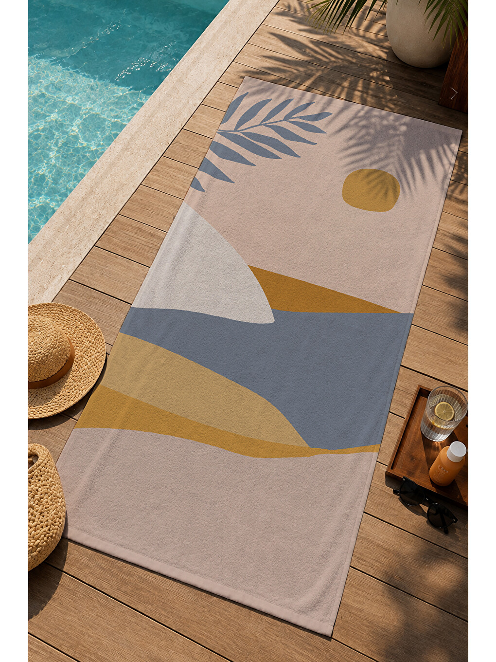Bej Mavi Sarı Modern Soyut Yaprak Ve Geometrik 70x150 Cm Dijital Baskılı Plaj Ve Banyo Havlusu-2