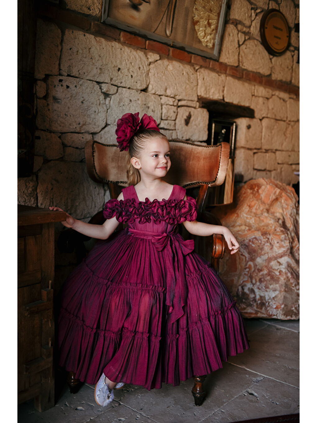 Fuşya Kız Çocuk Özel Abiye Elbise   Fırfırlı  Özel Tasarım   Taç Aksesuarlı Abiye Elbise_2463