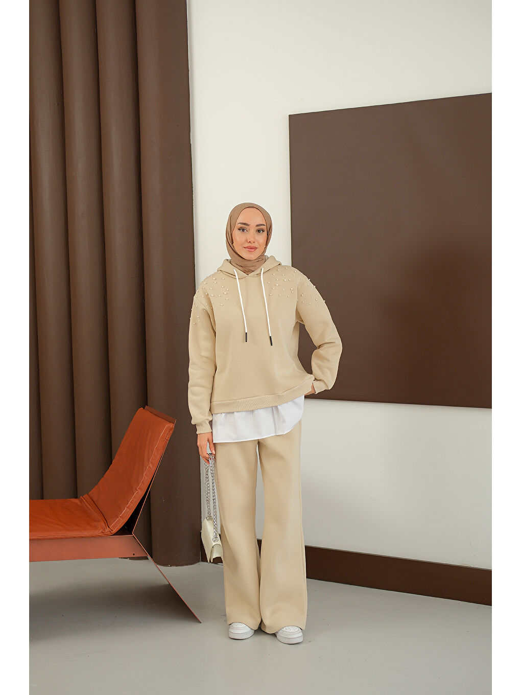 Ekru Kadın Omuzları Boncuk Detay İkili Takım Krem-4