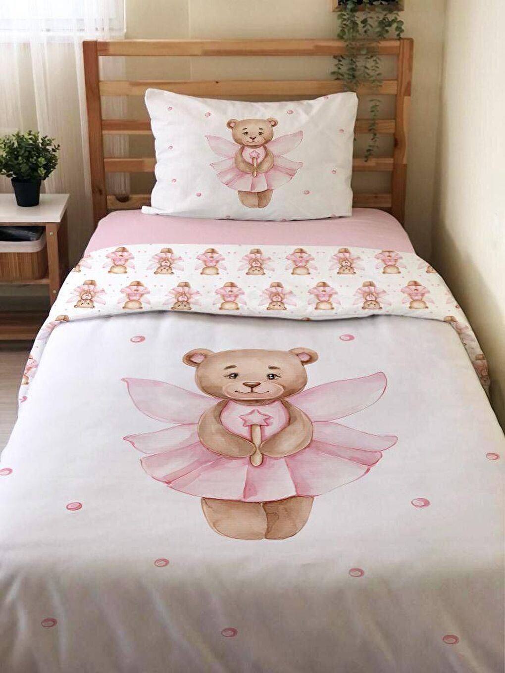 EVMİLA Karışık Çift Taraflı Prenses Teddy Desenli Çarşafsız 2'li Takım Tek Kişilik Nevresim Takımı 160x220 Cm